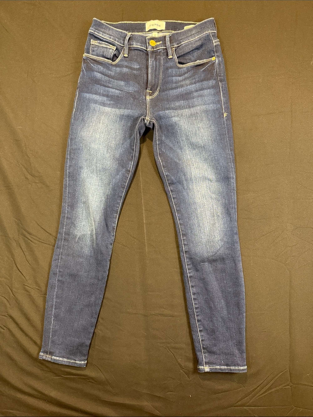 Frame Denim Indigo Skinny Jeans with Faded Whiskering